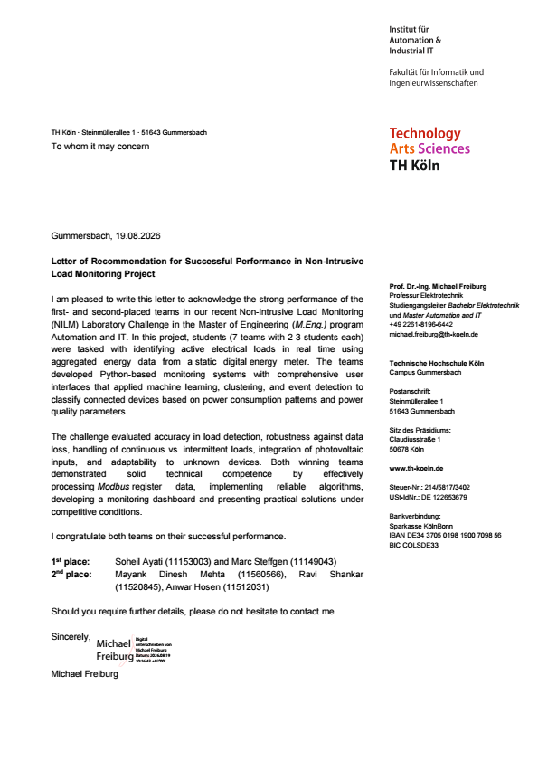 Letter of Recommendation for Non-Intrusive Load Monitoring Project