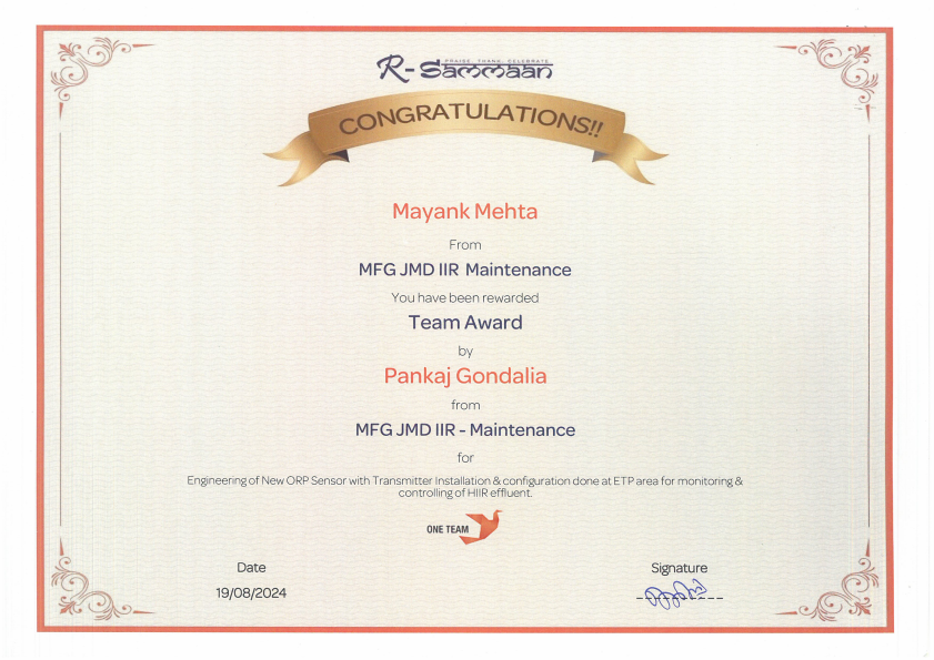 Team Award for Engineering of New ORP Sensor