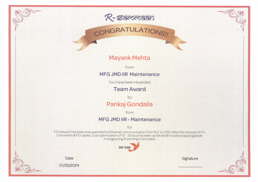 Team Award for PLC to VISS Ethernet Communication