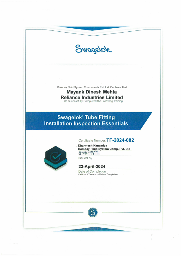 Swagelok Tube Fitting Installation Inspection Essentials certificate